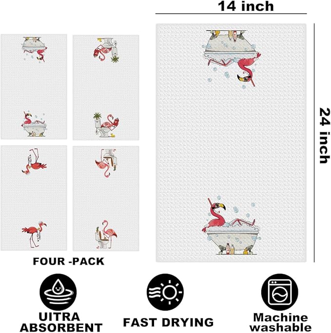 4 Pcs Funny Flamingo Hand Towels for Bathroom 24x14 Inch, Hot Pink Bird Reusable Dish Towels for Bathroom Restroom Decor, Waffle Weave Absorbent Hand Cloth Tea Towel, Flamingo Gifts for Women Mom