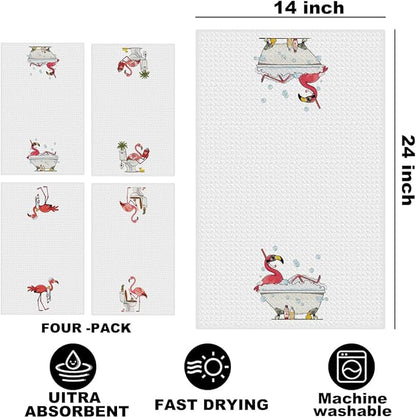 4 Pcs Funny Flamingo Hand Towels for Bathroom 24x14 Inch, Hot Pink Bird Reusable Dish Towels for Bathroom Restroom Decor, Waffle Weave Absorbent Hand Cloth Tea Towel, Flamingo Gifts for Women Mom