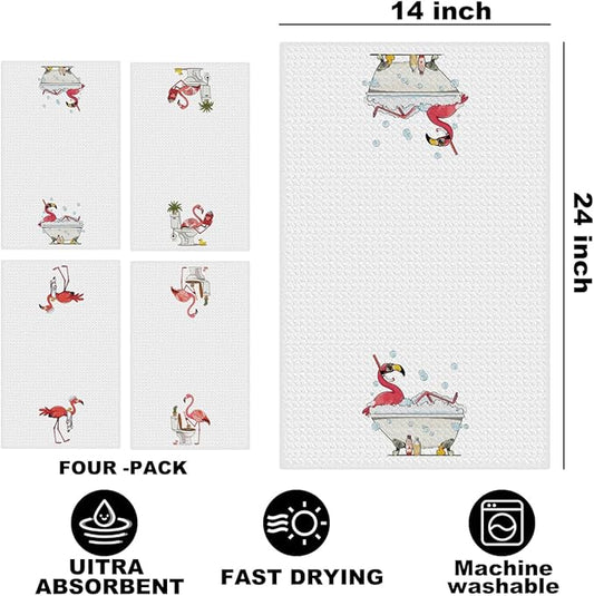 4 Pcs Funny Flamingo Hand Towels for Bathroom 24x14 Inch, Hot Pink Bird Reusable Dish Towels for Bathroom Restroom Decor, Waffle Weave Absorbent Hand Cloth Tea Towel, Flamingo Gifts for Women Mom