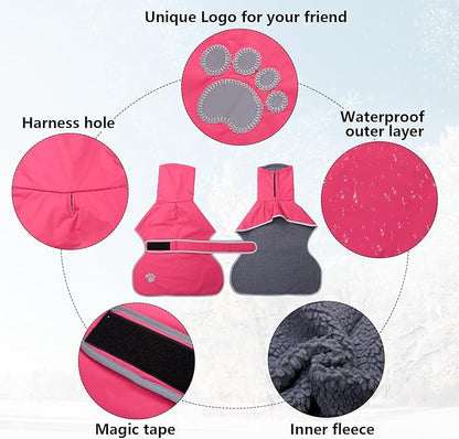 Geyecete Dog Winter Coat Geyecete Greyhound Raincoat Fabric with Lamb Velvet Inside Outdoor Dog Apparel with Adjustable Bands for Medium, Large Dog-Pink-XL