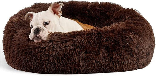 Calming Dog Bed for Medium Dogs Washable Donut 30 inches Anti-Slip Pet Bed,Round Fluffy Plush Faux Fur Cat Bed,Fits up to 45 lbs Pets,Chocolate Brown