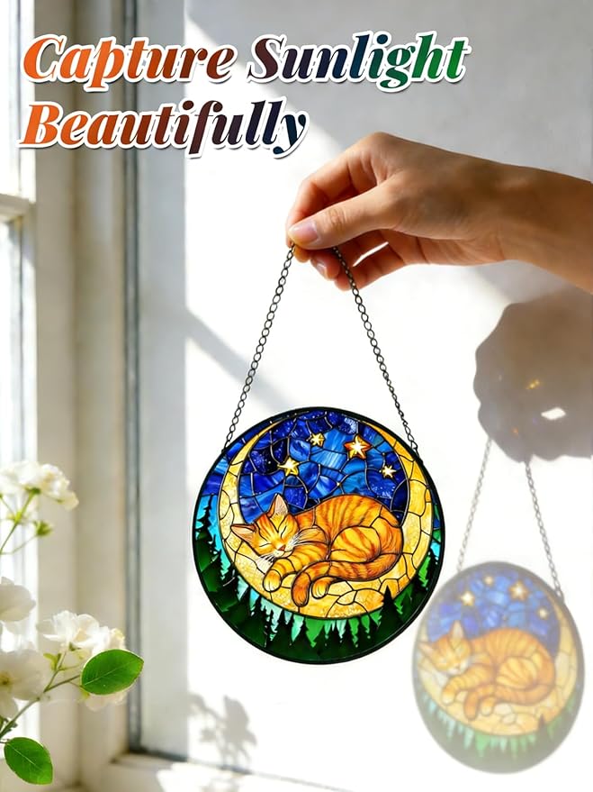 Stained Glass Window Hanging, Orange Sleeping Cat Suncatcher for Door Home Decor Moon Starry Night Sun Catcher Ornament Mother's Day Birthday Gifts for Women Men Mom 6.3 in