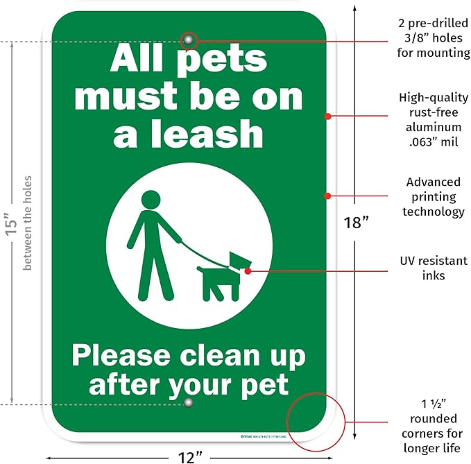 Brimar - 12" x 18" - Please Clean Up After Your Pet Sign - .063″ White Rust-Free Aluminum - Bold Text And Symbol - Easy Installation