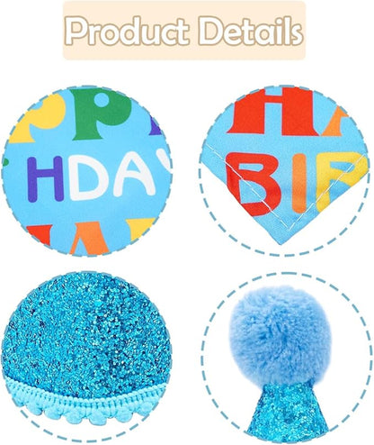 PET SHOW 3Pcs Blue Small Dog Birthday Bandana Set for Boys Female with Puppy Cone Hat and Sequin Bowtie Cat Party Supplies for Dogs Cats Puppies