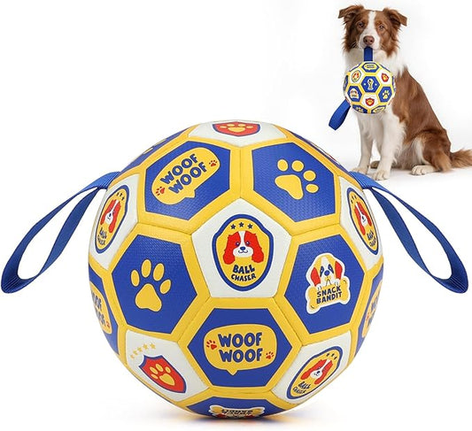 Vivifying Dog World Cup Soccer Ball Toy, 7 Inch Floatable Interactive Dog Toy for Medium Large Dogs, Durable PU Enrichment Ball with Nylon Straps for Outdoor Fetch, Training & Playing