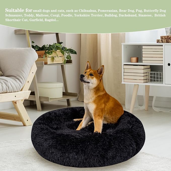 Calming Dog Bed for Medium Dogs Cats, Puppy 31'' Round Anti-Anxiety Warm Fluffy Plush Faux Fur Bed, Soft Anti-Slip Donut Washable, Cozy Medium Puppy Bed, Fits up to 50 lbs Pets