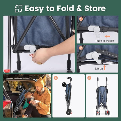 Umbrella Dog Stroller, Foldable Pet Stroller for Small Dogs Cats, 4 Wheels Pet Strolling Cart with Carrying Strap and Cup Holder, Breathable and Visible Mesh, Dog Poop Bags & Dispenser (Navy)