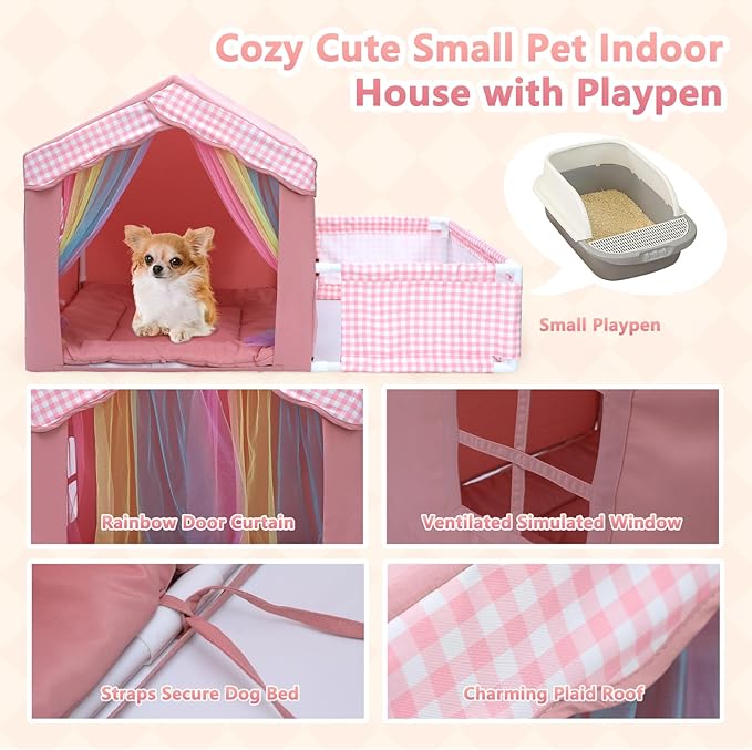 Cute Pink Princess 26 * 26 * 26.8" Dog House Bed for Pets Dogs Cats with Playpen, Cozy Confortable Puppy Cat Rabbit Kennel Bed Playhouse Tent w/Washable Cushion, Holds Up to 50lbs Pets