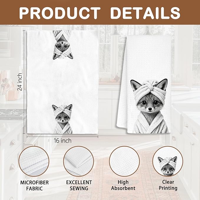 Funny Fox Bathroom Hand Towels, Fox Gifts for Women, Gifts for Animal Lovers, Black and White Farmhouse Wild Animal Decorative Hand Towels for Bathroom Decor, 16x24 Inch