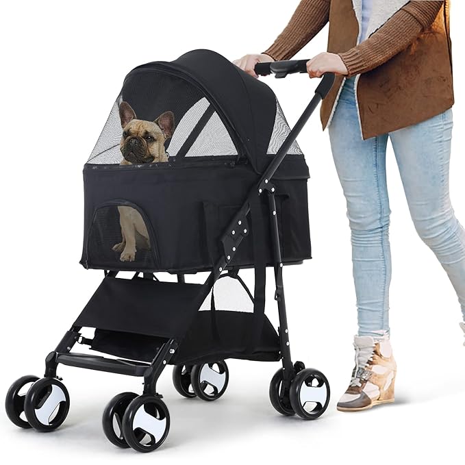 Pet Strollers, Dog Cat Stroller 3-in-1 Detachable Doggy Stroller for Small Medium Dogs 4 Wheel Pet Gear Carrier Cat Walker Wagons for Dogs Trolley for Doggie Rabbit Puppy Strollers, Black