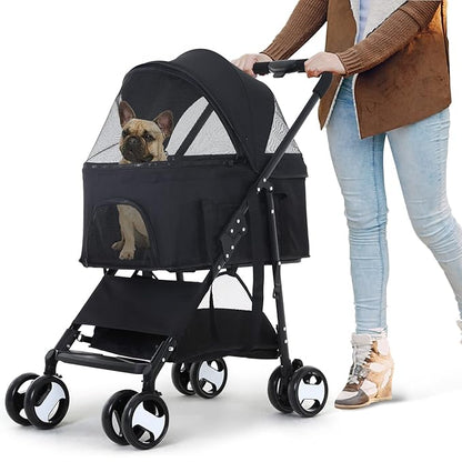 Pet Strollers, Dog Cat Stroller 3-in-1 Detachable Doggy Stroller for Small Medium Dogs 4 Wheel Pet Gear Carrier Cat Walker Wagons for Dogs Trolley for Doggie Rabbit Puppy Strollers, Black