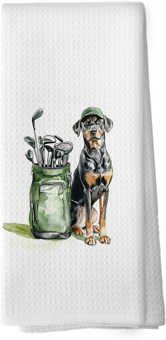 Golf Dog Kitchen Towels - Doberman Pinscher Dish Towels, Sports Gifts, Pet Golf Club Decorative Absorbent Dishcloths Hand Towels for Kitchen Gym Spa Decor 16x24 Inches