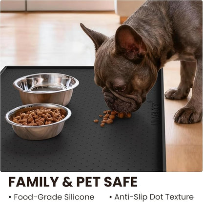 VIVAGLORY Dog Bowl Mat Grippymat Pet Food Mat, Waterproof Washable Nonslip Silicone for Pet & Cat, Food and Water Placemat with Lip & Raised Edges for Indoor Floor, L, Black