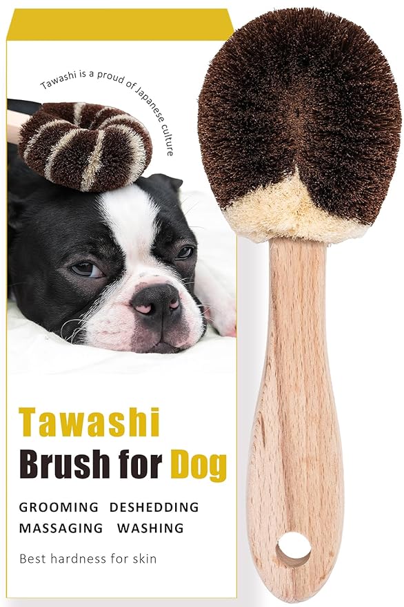 Natural Tawashi Dog Grooming & Massage Brush – Made in Japan, Gentle Palm Fiber Brush for Dogs, Relaxing Skin Stimulation, Low Static, Wooden Handle, Daily Dog Care Tool (Small Dog B)