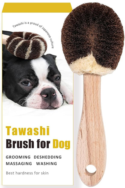 Natural Tawashi Dog Grooming & Massage Brush – Made in Japan, Gentle Palm Fiber Brush for Dogs, Relaxing Skin Stimulation, Low Static, Wooden Handle, Daily Dog Care Tool (Small Dog B)