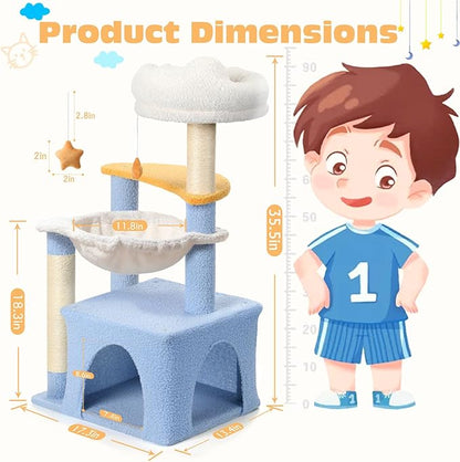 Cat Tree with Sisal Scratching Posts Cat Tower with Hammock Cute Cat Condo for Small Indoor Cats with Comfy Cat Bed and Perch