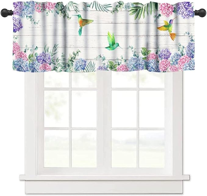 Vintage Boho Flower Valance Curtains, Watercolor Hydrangea Floral Butterfly Spring Bird Board Pink Blue Wildflower Window Valance Curtain for Farmhouse Bedroom Living Room Kitchen 54x18inch