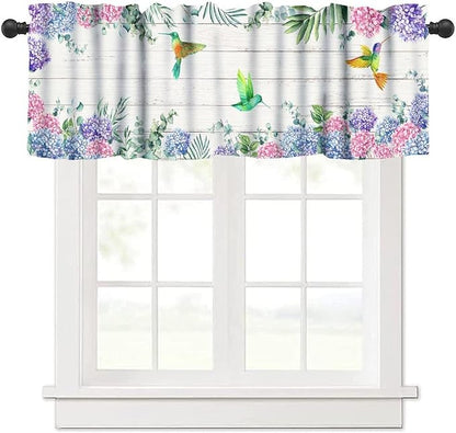 Vintage Boho Flower Valance Curtains, Watercolor Hydrangea Floral Butterfly Spring Bird Board Pink Blue Wildflower Window Valance Curtain for Farmhouse Bedroom Living Room Kitchen 54x18inch