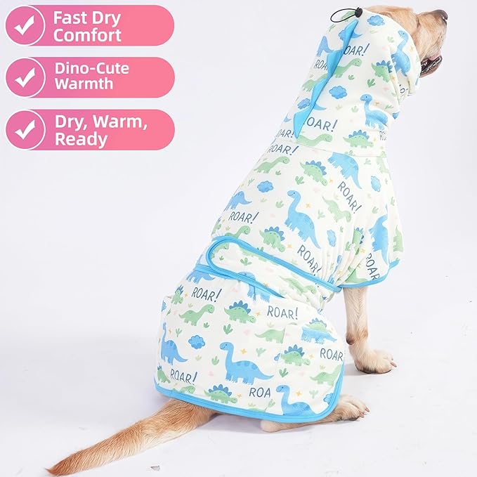 LovinPet 3‑in‑1 Dog Warm Winter Coat & Bathrobe, Hooded Dinosaur Fleece, Lightweight High‑Loft, Absorbent Knit, Quiet Hook‑and‑Loop, Wind‑Blocking Edges, Dog Robes for Medium & Large Dogs, White,M