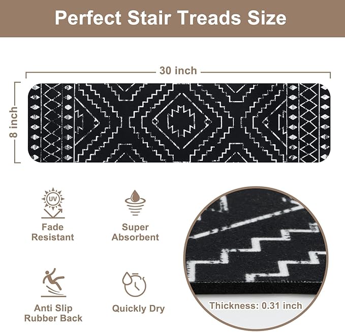 OJIA Boho Stair Treads Non-Slip Stair Runners for Wooden Steps Indoor 15PCS 30"x8" Washable Carpet Stair Treads Stair Mats Staircase Step Treads for Kids, Elders and Dogs, Stair Covers, Black