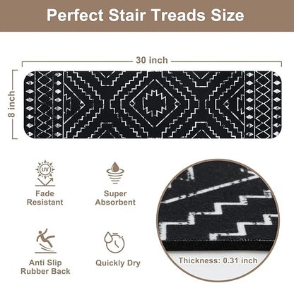OJIA Boho Stair Treads Non-Slip Stair Runners for Wooden Steps Indoor 15PCS 30"x8" Washable Carpet Stair Treads Stair Mats Staircase Step Treads for Kids, Elders and Dogs, Stair Covers, Black