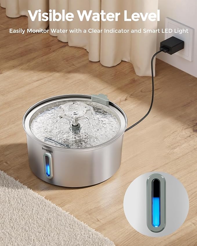 Cat Water Fountain Stainless Steel 3.2L/108oz, Invengo Automatic Pet Fountain for Cats & Dogs, Ultra Quiet <25 dB Pump, Includes 8 Replacement Filters & Sponges, LED Water Level Window, Easy to Clean