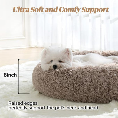 Calming Small Dog Bed, Donut Fluffy Anti-Anxiety Round Washable Cute Bed, Plush Cozy Cuddler Warming Soft Comfort Pet Bed for Small Medium Dogs Cats, 20inch,Brown