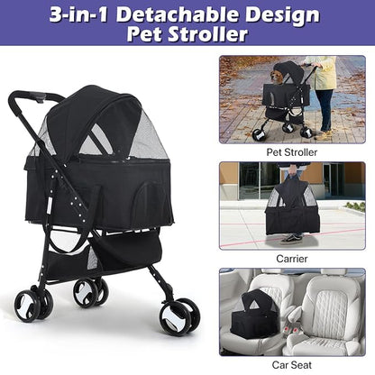 3-in-1 Folding Pet Stroller for Medium Small Dogs & Cats - 3 Wheels, Lightweight Travel Stroller with Detachable Carrier, Black
