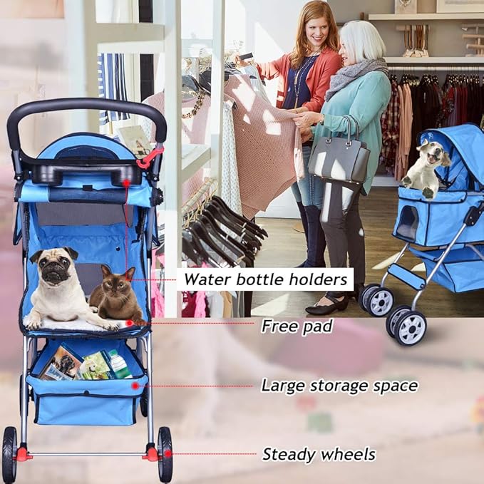 4 Wheels Pet Stroller Cat Dog Cage Stroller Travel Folding Carrier with Cup Holders and Removable Liner for Small-Medium Dog, Cat (Blue)
