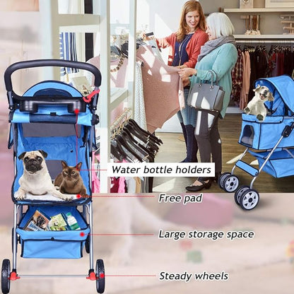 4 Wheels Pet Stroller Cat Dog Cage Stroller Travel Folding Carrier with Cup Holders and Removable Liner for Small-Medium Dog, Cat (Blue)