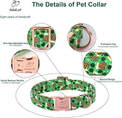 St. Patrick's Day Dog Collar, Beer & Clover Green Dog Collars, Adjustable Heavy Duty Irish Shamrock Pet Collar for Small Medium Large Dogs with Metal Buckle S