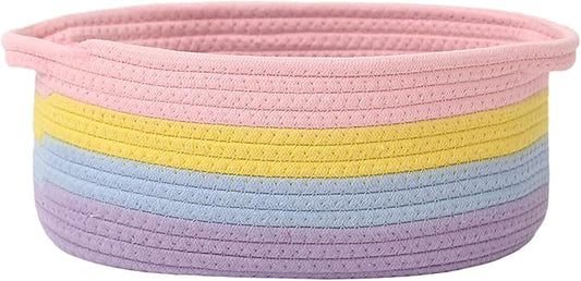 Woven Basket,Small Rope Storage Bin with Handles & Ribbon Bag, Organizer for Shelves Closets,Gift Basket Empty for Birthday,Books,Dog Toys, Rainbow
