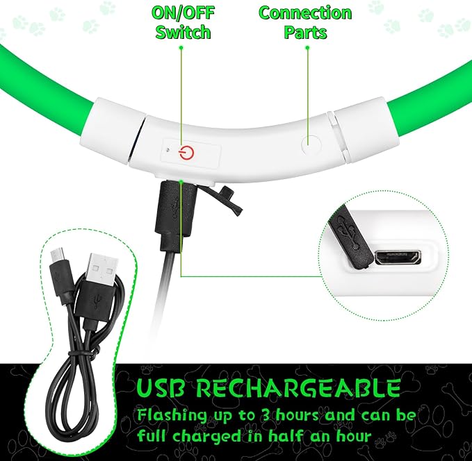 Weewooday 3 Pcs Dog Collar USB Rechargeable LED Light up Dog Collar Flash Waterproof Pet Necklace Pet Lights for Night Walking Adjustable Safety Necklace for Large Medium Small Puppy(Green)