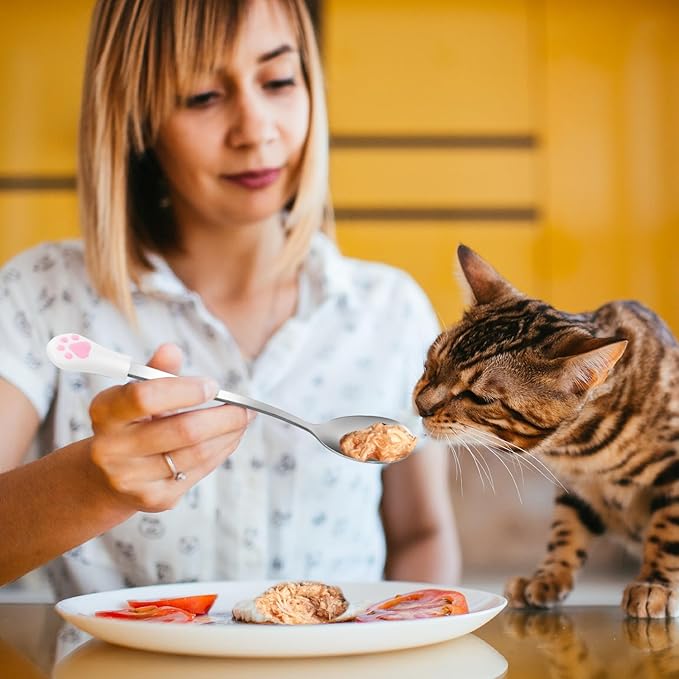 4 Pcs Stainless Steel Dog Cat Spoon Cat Claw Spoon for Wet Food Long Handle Cats Food Scoop Cute Pet Can Spoons Pet Feeder Spoons for Dog and Cats Foods Can (White and Black)