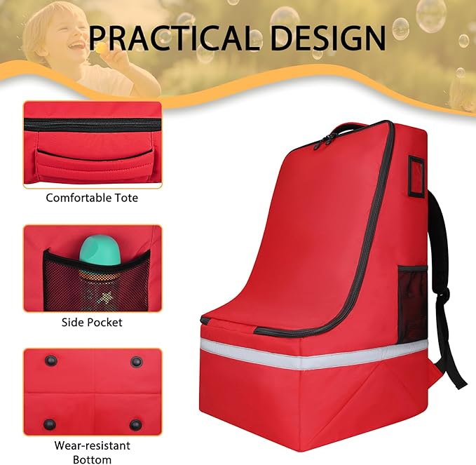 LARIPOP Car Seat Travel Bag for Airplane Gate Check Approved, Padded Backpack with Adjustable Straps, Reflective Strips & Protective Feet for Infant Convertible Booster Seats, Red