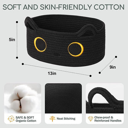 Black Cat Toy Basket, Small Woven Cat Toy Storage Box with Cute Ears Handle Indoor, Cotton Rope Storage Bin with Embroidered Face for Halloween Decor, Pet Bed, Nursery Kids Room Organization