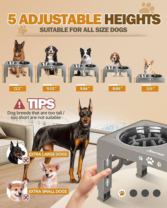 Elevated Dog Bowls, Non-Slip Dog Feeder with 1*Stainless Steel Dishes & 1*Slow Feeder Bowl, 5 Heights Adjustable Raised Bowls for 3.15″-8.66″-9.84″-11.02″-12.2″