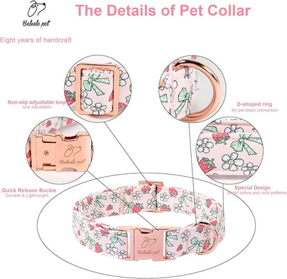 Pink Girl Dog Collar, Sweet Strawberry Spring Summer Dog Collars, Vintage Bow Puppy Collar, Adjustable Heavy Duty Pet Collar for Small Medium Large Dogs with Metal Buckle S