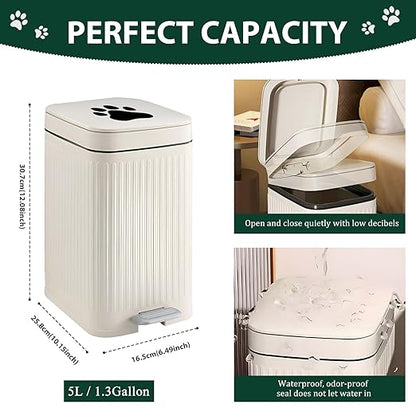 Dog Poop Trash Can Outside, 5L/1.3 Gal Pet Poop Bucket with Lid, Foot Pedal, Dog Waste Container with 40 Bags, Lid Soft Close for Pet, White
