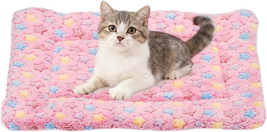 Dog Cat Bed Mat, Soft Coral Fleece Pet Cushion Pad with Cute Star Print, Warm Washable Pet Bed 19x13 Inches, (Pink), Intended for Medium Small Dog Cat