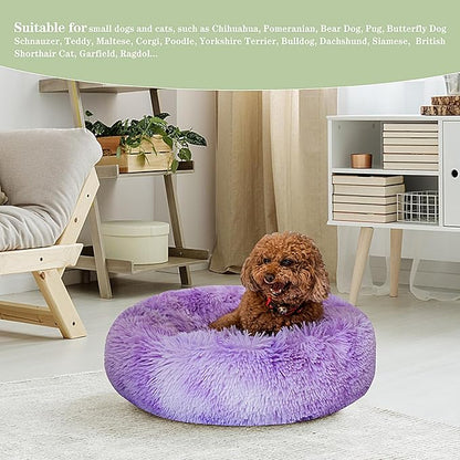 Calming Dog Bed for Small Dogs Cats, Kitty Puppy 23'' Round Anti-Anxiety Warm Fluffy Plush Faux Fur Bed, Soft Anti-Slip Donut Washable Small Pet Bed, Cozy Cat Puppy Bed, Fits up to 30 lbs Pets