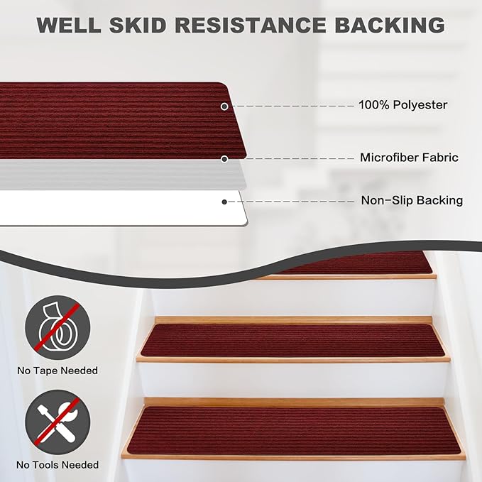 Stair Treads for Wooden Steps - Non Slip Stairs Carpet Tape Peel and Stick with Double Adhesive Tape Set of 15 Stripe- Dark red