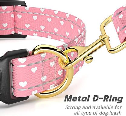 Reflective Dog Collar for Medium Dogs, Cute Adjustable Heavy-Duty Nylon Puppy Collars for Boy and Girl Female, Soft Pet Accessories with Quick Release Buckle, Neck 14-20", Pink Hearts
