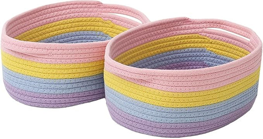 Woven Basket,Small Rope Storage Bin with Handles & Ribbon Bag, Organizer for Shelves Closets,Gift Basket Empty for Birthday,Books,Dog Toys, Rainbow/2 Pack