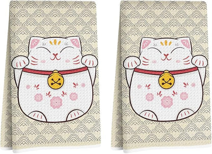 2 Pcs Cute Cat Kitchen Towels 14x24 Inch, Adorable Cats Waffle Hand Towels for Kitchen Home Farmhouse, Cat Lover Gifts for Cleaning Drying Wiping Tasks Dish Cloth Tea Towel Housewarming Gifts
