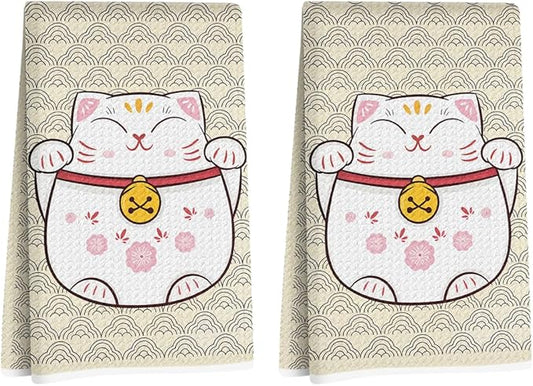 2 Pcs Cute Cat Kitchen Towels 14x24 Inch, Adorable Cats Waffle Hand Towels for Kitchen Home Farmhouse, Cat Lover Gifts for Cleaning Drying Wiping Tasks Dish Cloth Tea Towel Housewarming Gifts