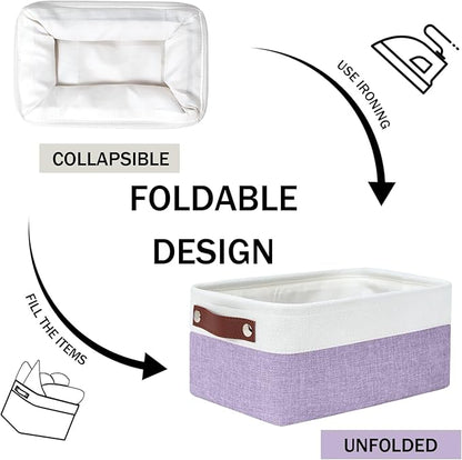 DULLEMELO Small Storage Baskets 6 Pack, Fabric Collapsible Gift Storage Baskets for Shelves, Closets, Nursery, Home, Office Organizing,Small Canvas Linen Rectangular Storage Bins (White&Purple)