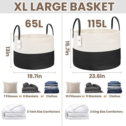 115L Extra Large Blanket Basket for Living Room - Woven Cotton Rope Laundry Hamper with Reinforced Handles - Storage Bin for Pillows, Comforters & Toys - Machine Washable,White&Black