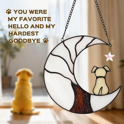 Dog Memorial Suncatcher, Handmade Stained Glass Window Haninging Suncatcher, Pet Memorial Gift for Cat Loss, Sympathy Valentine's Day Gift with Moon & Tree of Life for Pet Lovers