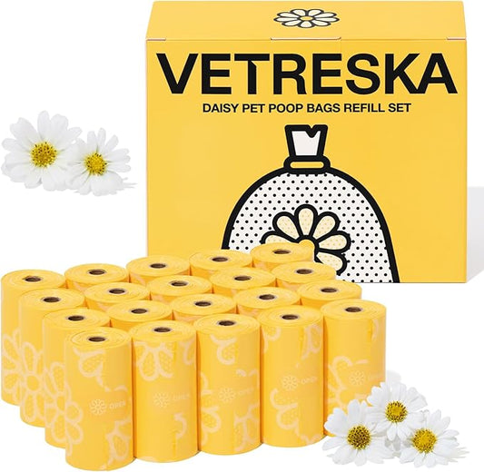 VETRESKA Dog Poop Bag Rolls Daisy Scented Leak-proof Pet Waste Bags Thick and Large Trash Bags for Dog Walking 20 Refill Rolls 300 Bags